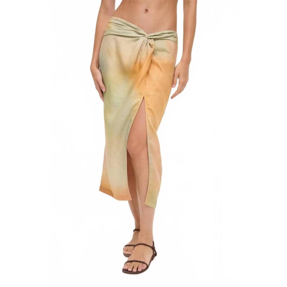 STAUD Tie-Front Midi Skirt in Pastel Peach and Sage